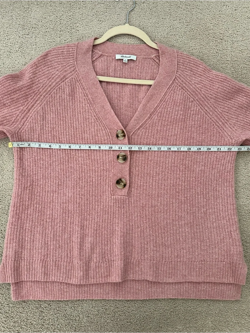 Madewell Merino Wool Pink V-Neck Button Front Lyle Rib Henley Pullover Sweater